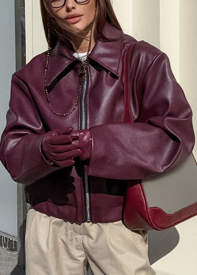 Mulberry Peter Pan Collar Zip Up Faux Leather Coats Fall