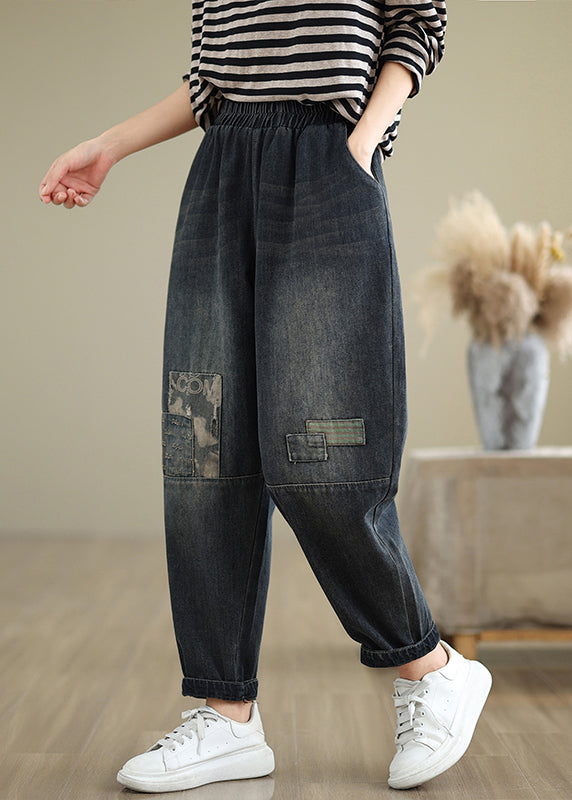 Navy Pockets Applique Elastic Waist Denim Pants Fall