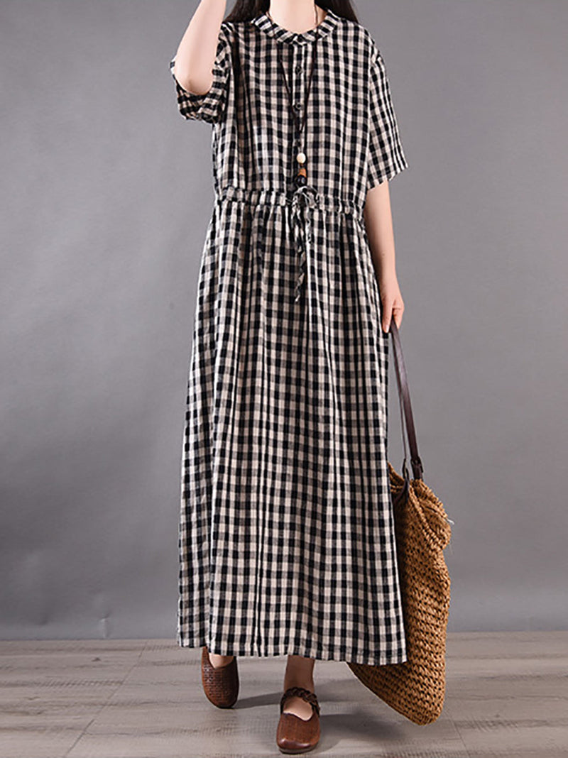 Summer Plaid Strap Linen Cotton Dress