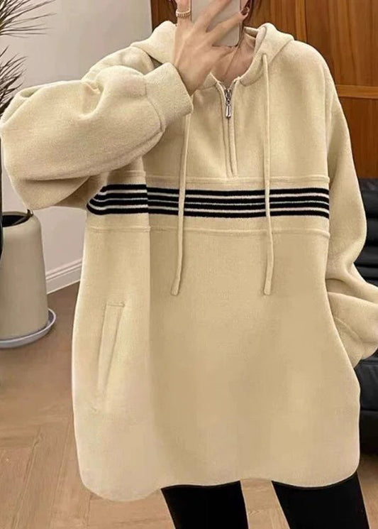 Apricot Hooded Zippered Pockets Sweatshirt Fall