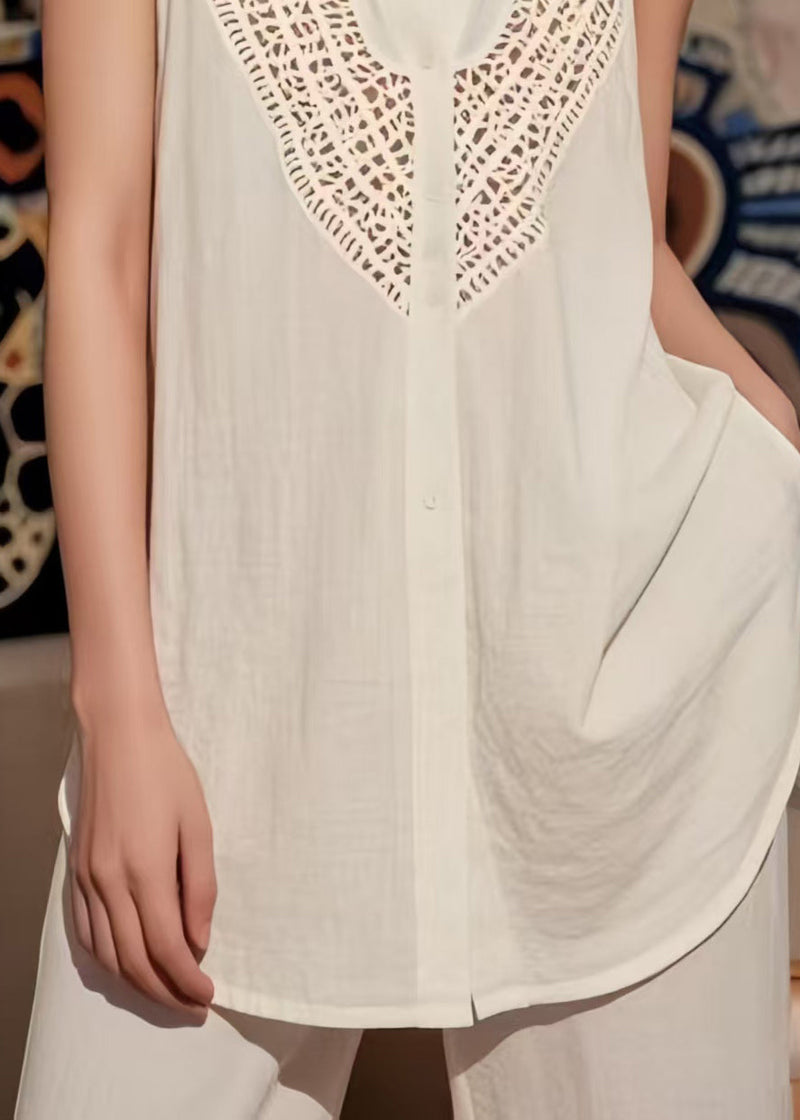 White V Neck Hollow Out Cotton Top Sleeveless