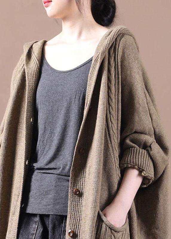 Khaki Button Pockets Fall Long Cardigans Coat