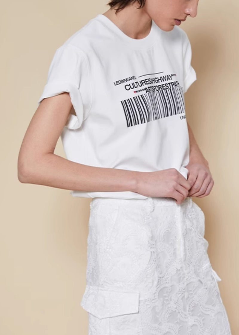 White O Neck Print Cotton T Shirts Summer