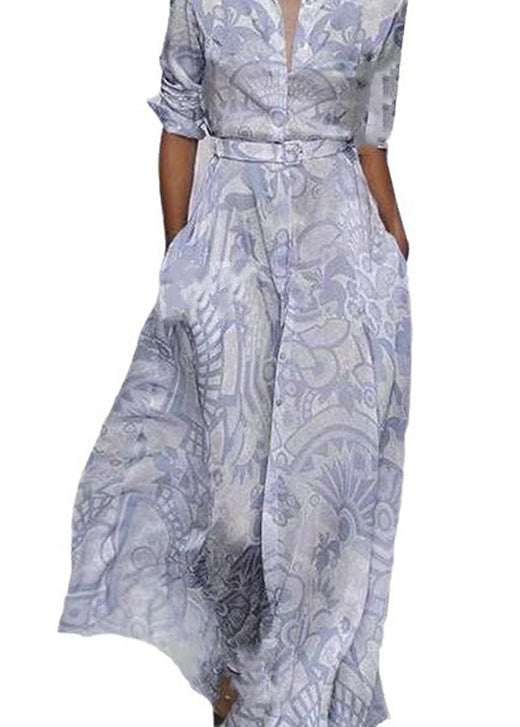 Modern Blue Peter Pan Collar Print Cotton Dress Long Sleeve