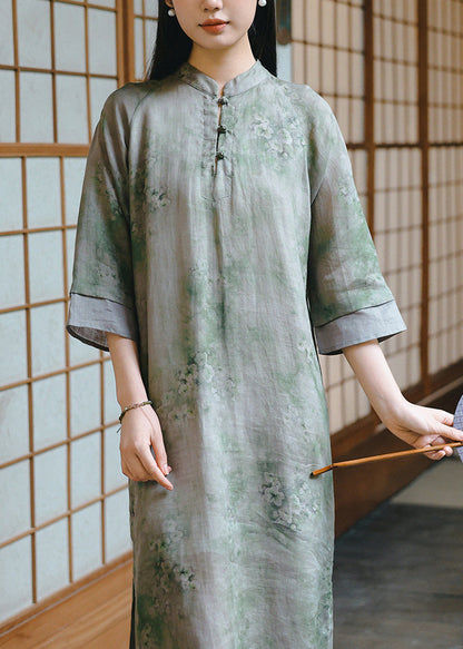 Loose Green Stand Collar Print Linen Long Dress Spring