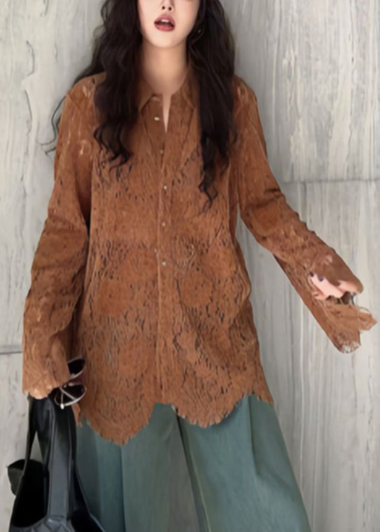 Coffee Peter Pan Collar Lace Shirts Top Flare Sleeve