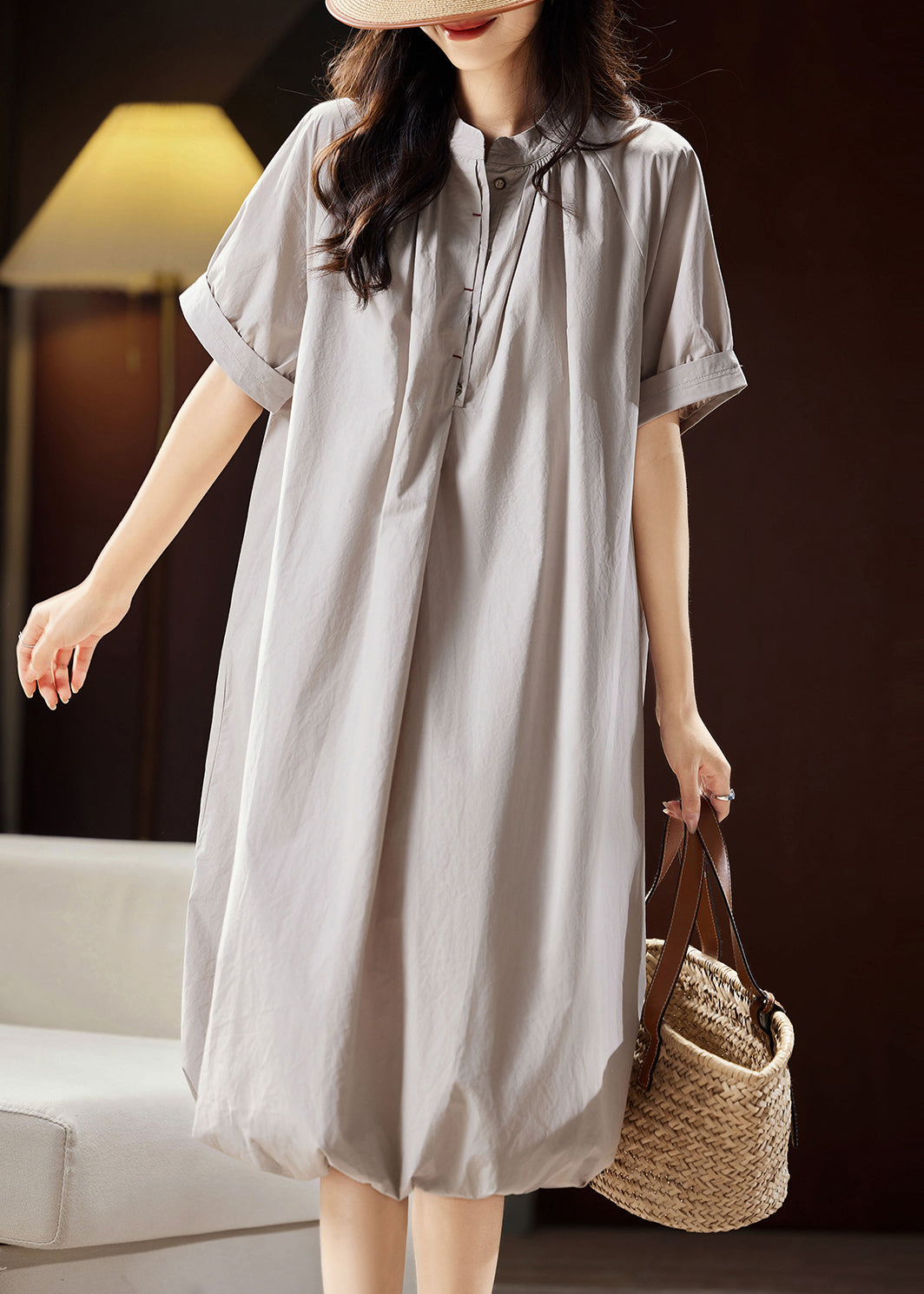 Light Grey Stand Collar Button Cotton Long Dress Summer