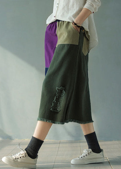 Colorblock Elastic Waist Pockets Patchwork Hole Cotton Denim Skirts Fall