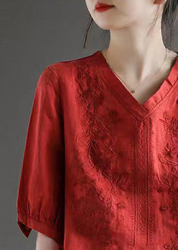 Red V Neck Embroidered Top Half Sleeve