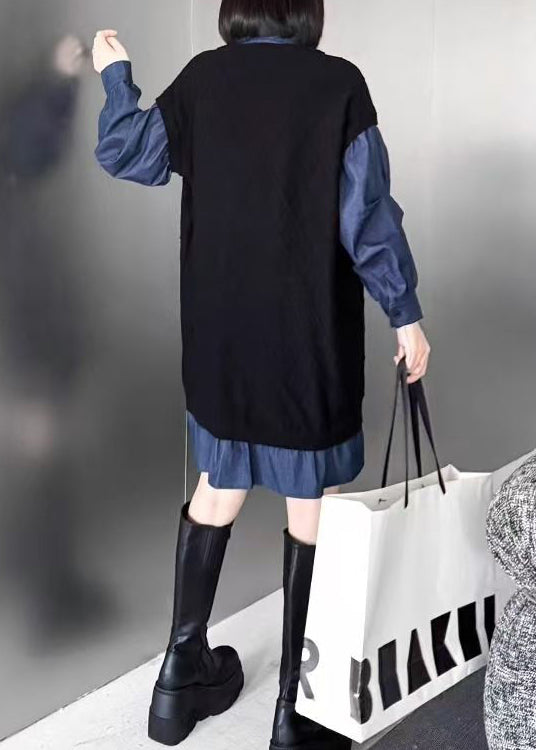 Black Peter Pan Collar Zippered Patchwork Denim Dresses Spring