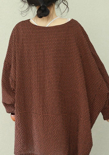 Asymmetric Cotton Fine Work Black Brown Plaid Oversized Tops