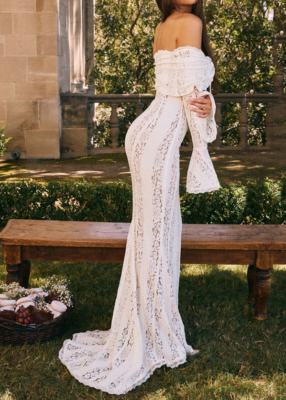 French One Neck Off Shoulder Lace Dress Flared Sleeves