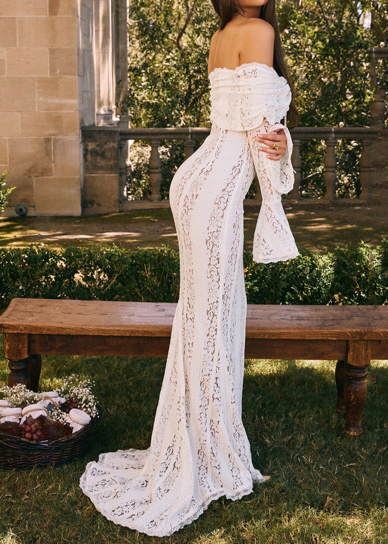French One Neck Off Shoulder Lace Dress Flared Sleeves