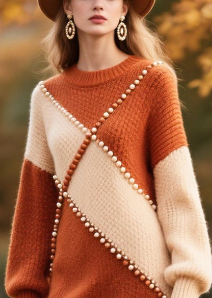 Brown Nail Bead Patchwork Faux Fur Knitwear Dress Winter