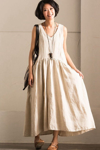V-neck Cotton Linen Organic Sleeveless Long Dress Summer Outfits