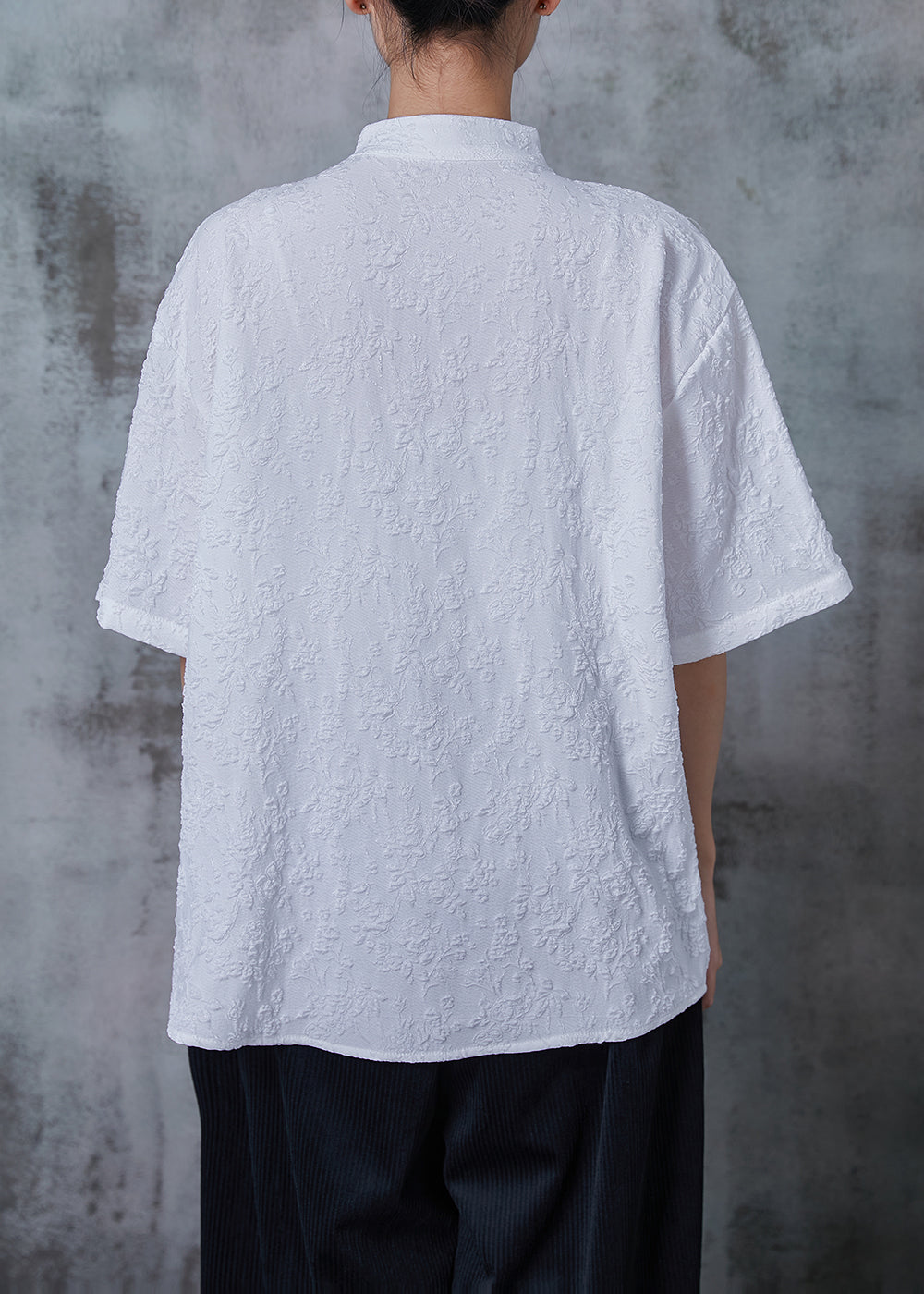 White Jacquard Chinese Button Cotton Shirts Summer