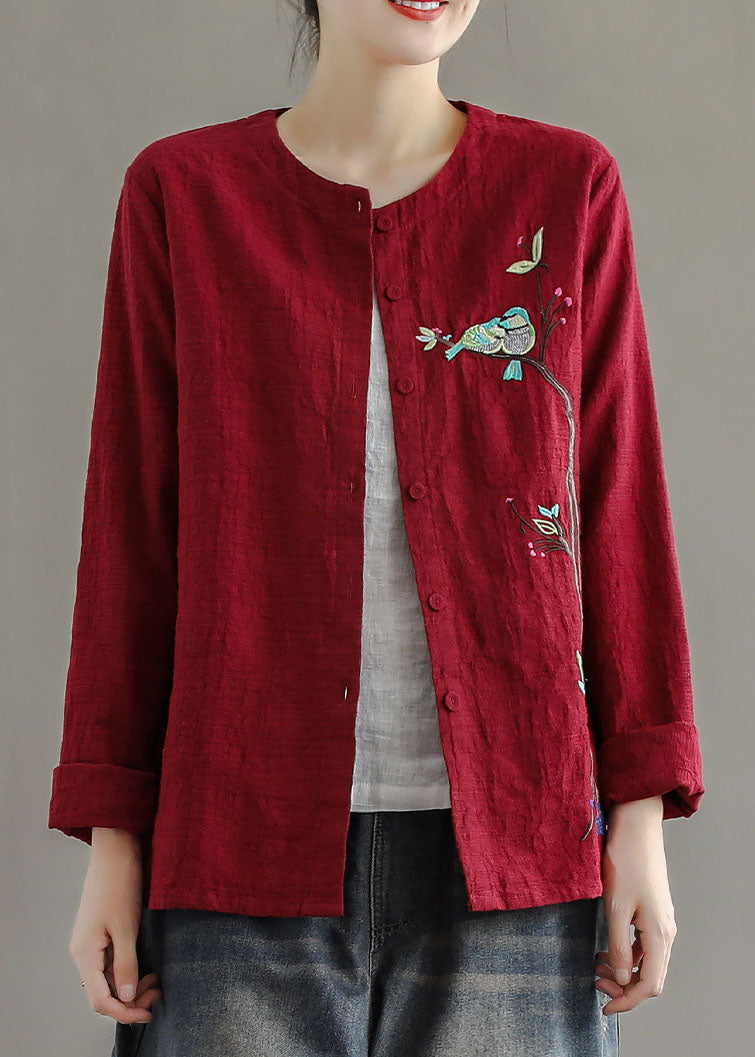 Red Embroidered Patchwork Cotton Cardigans Coats Spring