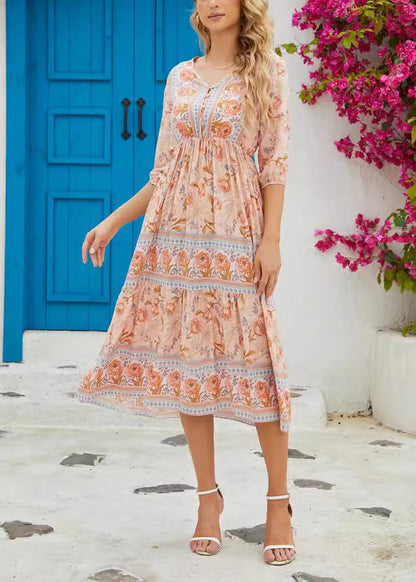Classy Blue V Neck Print Wrinkled Cotton Dresses Summer