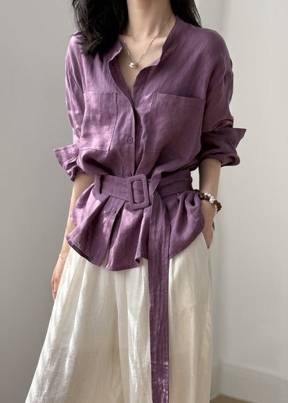 Purple Button Pockets Linen Shirt Top O Neck