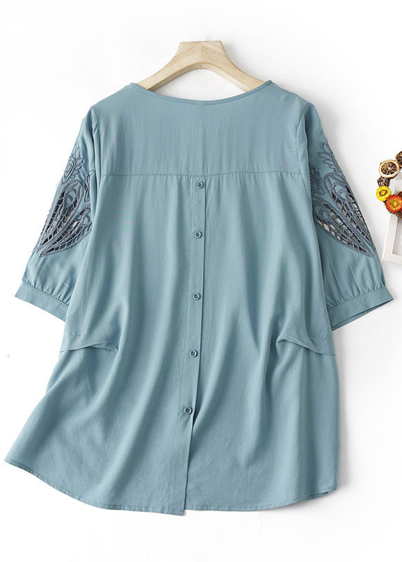 Blue O Neck Hollow Out Embroidered Cotton T Shirt Summer