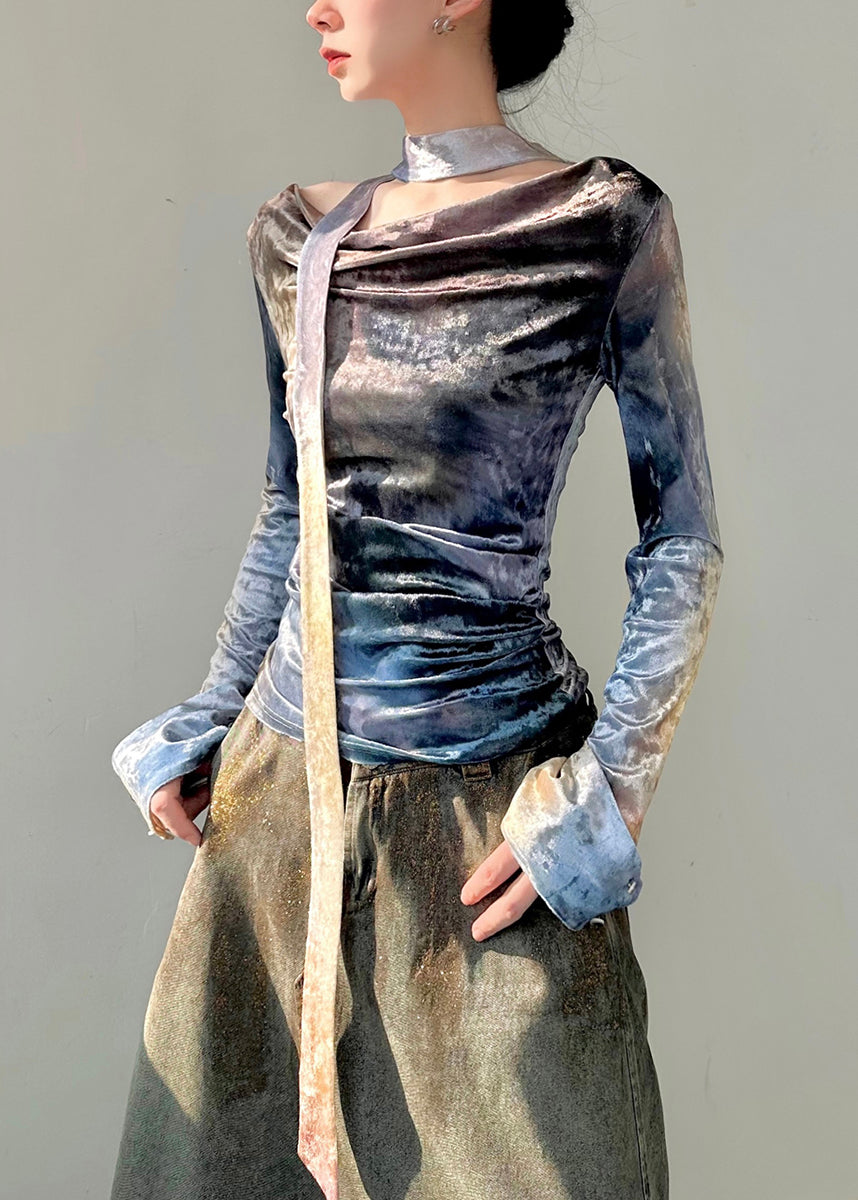 New Blue O-neck Wrinkled Silk Velour Tops Fall