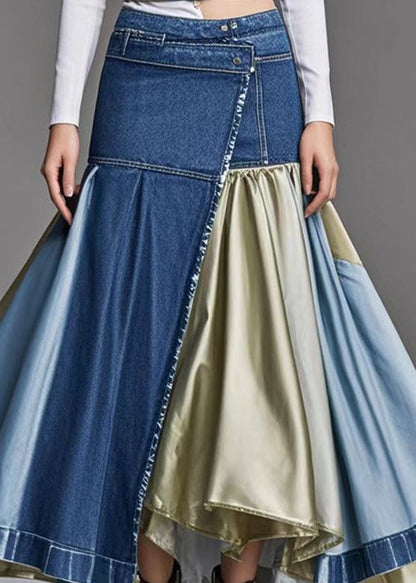 Fine Navy Asymmetrical Patchwork Exra Large Hem Denim Wraped Skirt Fall