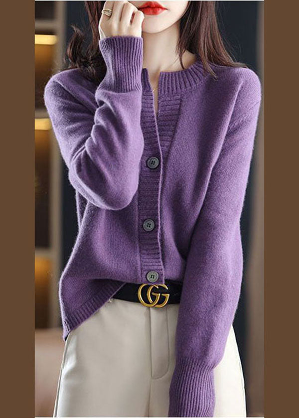 Slim Fit Purple O-neck Button Thick Woolen Knit Coats Winter