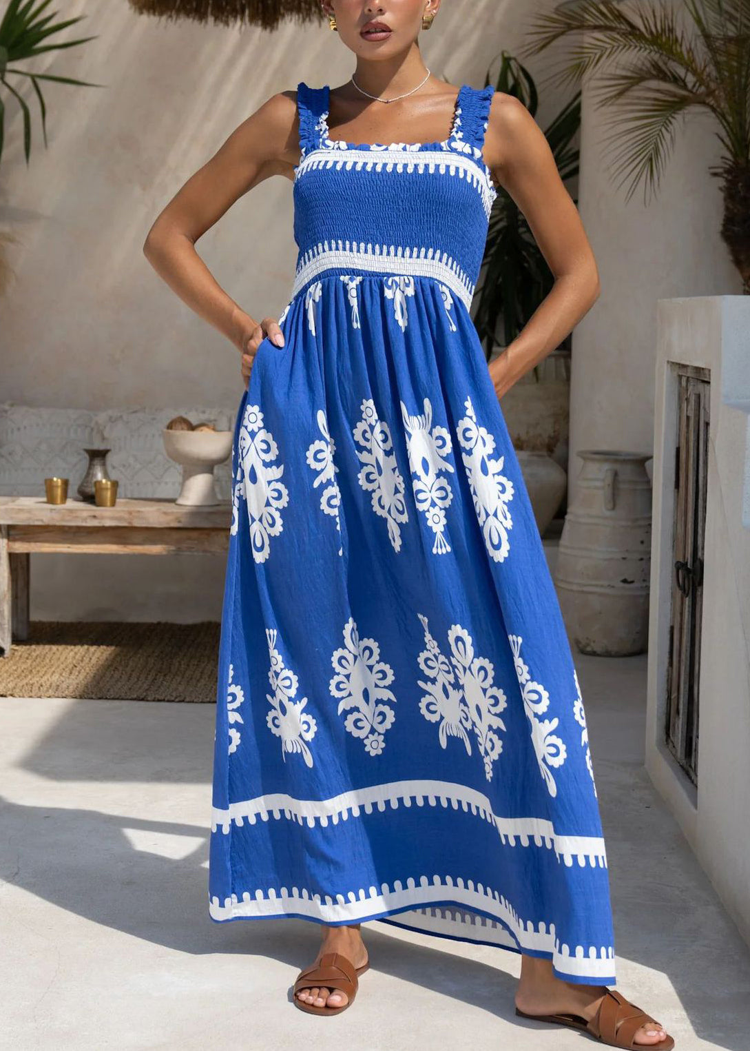 Rose Print Patchwork Cotton Spaghetti Strap Dress Summer