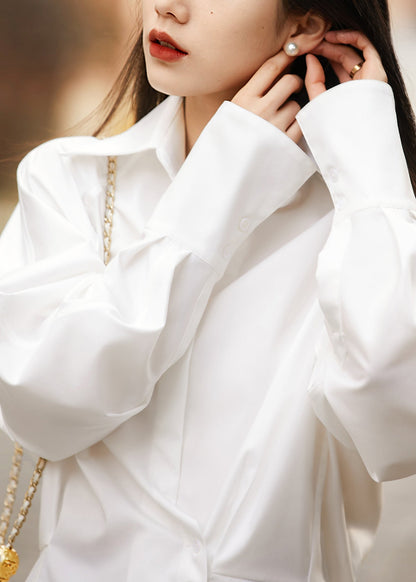 Slim Fit White Peter Pan Collar Button Cotton Shirt Fall