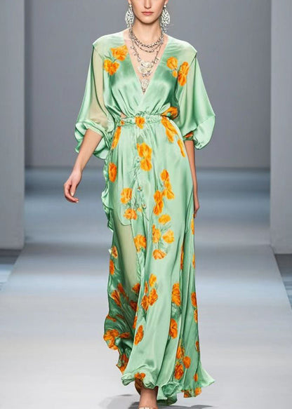 Light Green Ruffled Print Silk Long Dress Fall