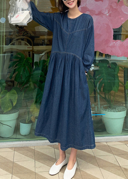 Denim Blue O-neck Wrinkled Patchwork Long Dress Spring