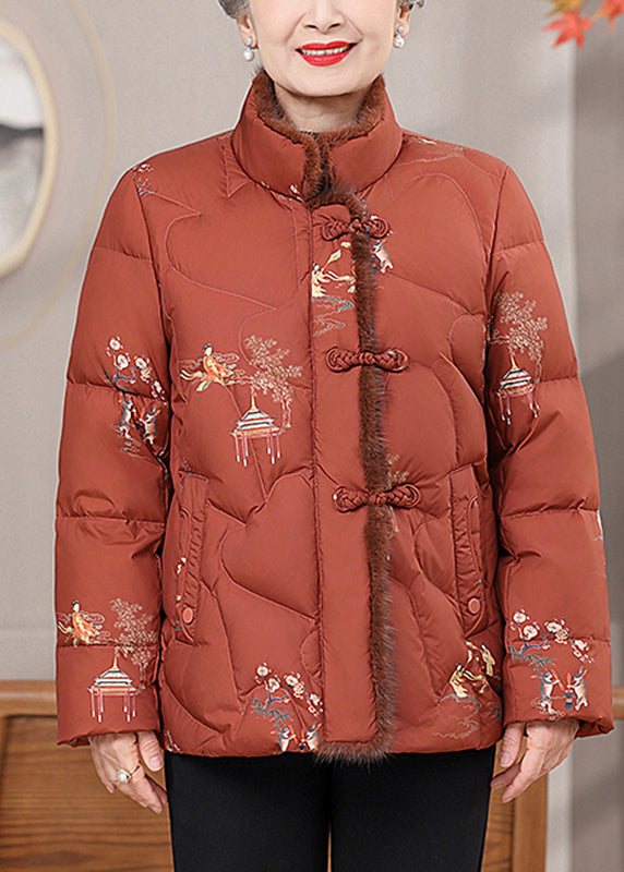 Orange Fur Collar Print Button Warm Fine Cotton Filled Coats Winter