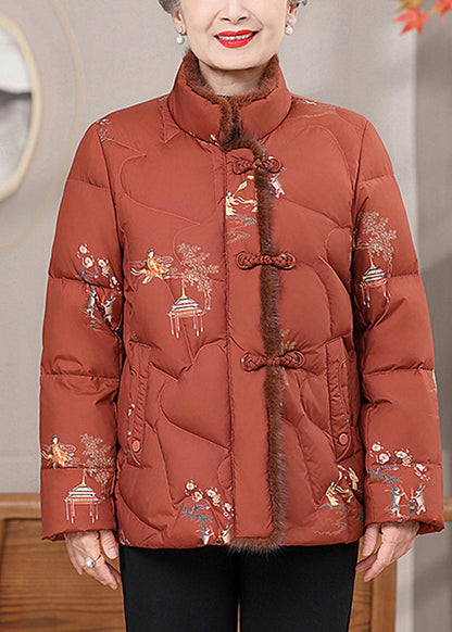 Orange Fur Collar Print Button Warm Fine Cotton Filled Coats Winter