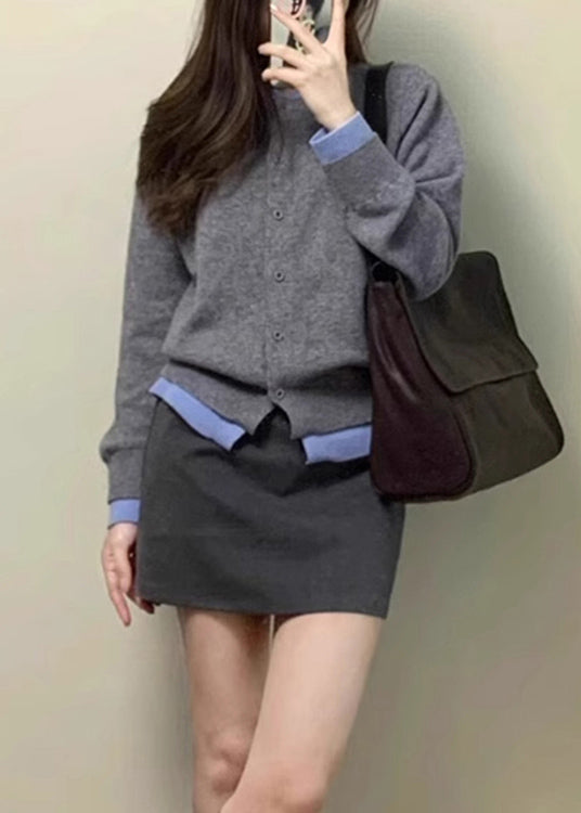 Grey O Neck False Two Pieces Knit Cardigan Spring