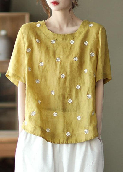 Unique White O-neck Embroidered Summer Ramie Shirt Half Sleeve