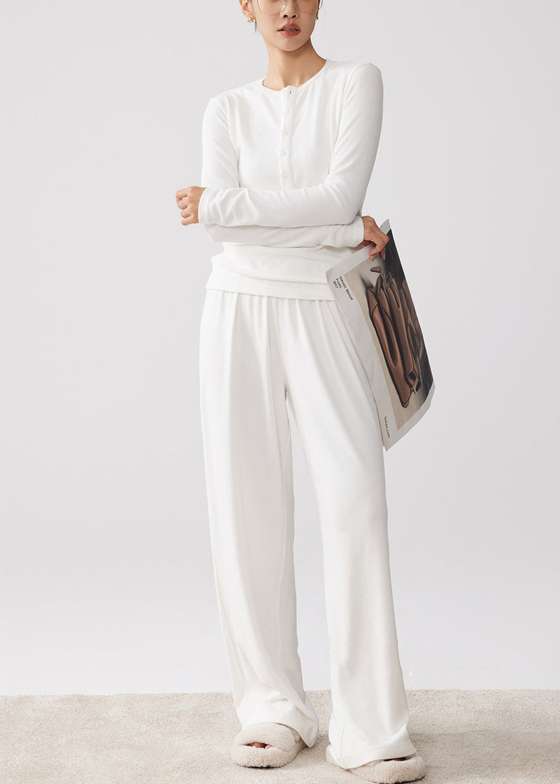 Simple White O Neck Button T Shirt and Wide Leg Pants Cotton Two-piece Set Fall