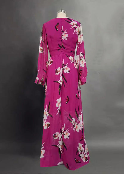 Unique V Neck Print Wrinkled Chiffon Long Dress Spring