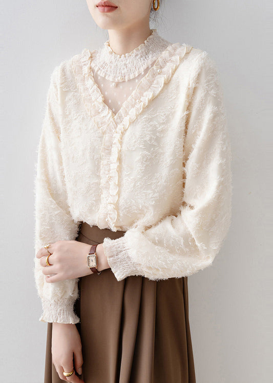 Natural Apricot Ruffled Patchwork Warm Fleece Blouse Tops Spring