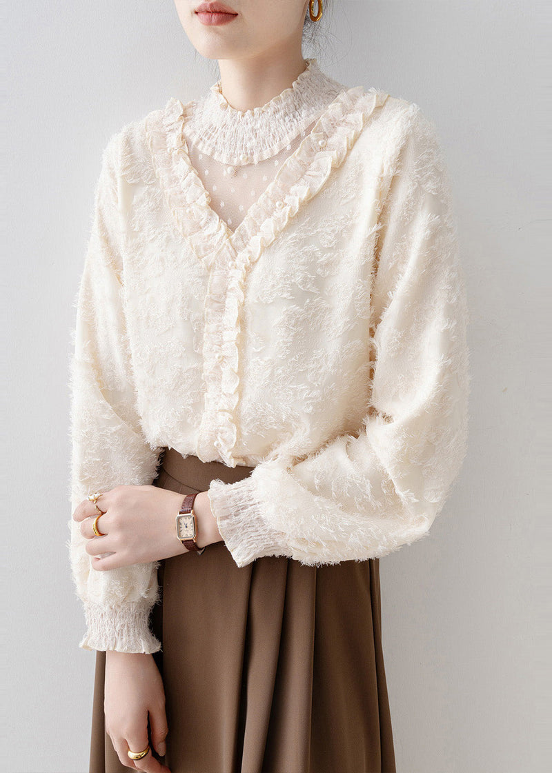 Natural Apricot Ruffled Patchwork Warm Fleece Blouse Tops Spring