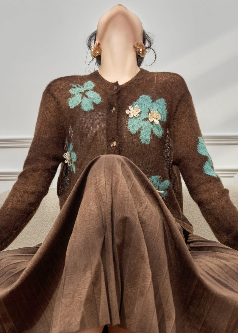Coffee O-neck Patchwork Button Cotton Knit Cardigan Fall