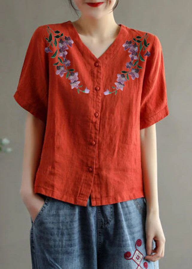 Loose Red-neckline Flowers V Neck Embroidered Summer Linen Shirt