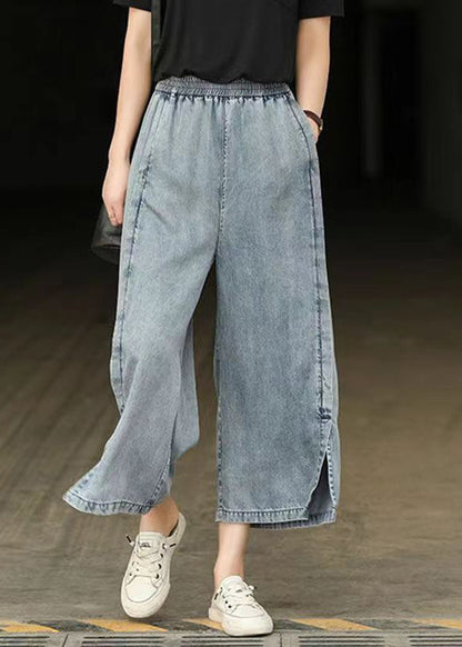 Light Blue Elastic Waist Side Open Denim Crop Pants Summer