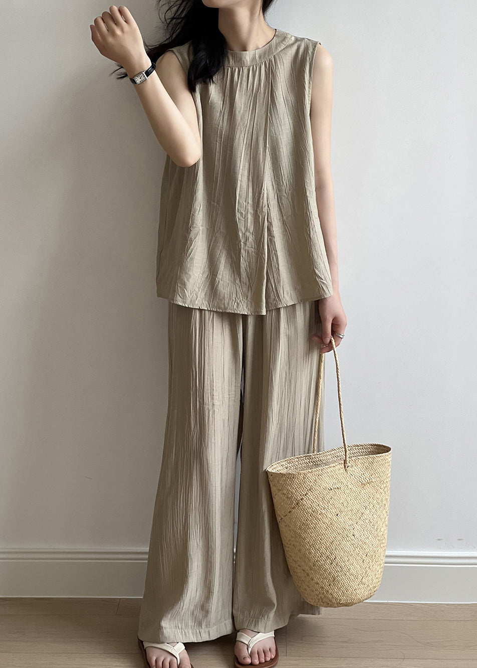 New Khaki Tops and Pants Cotton Two Pieces Set Summer