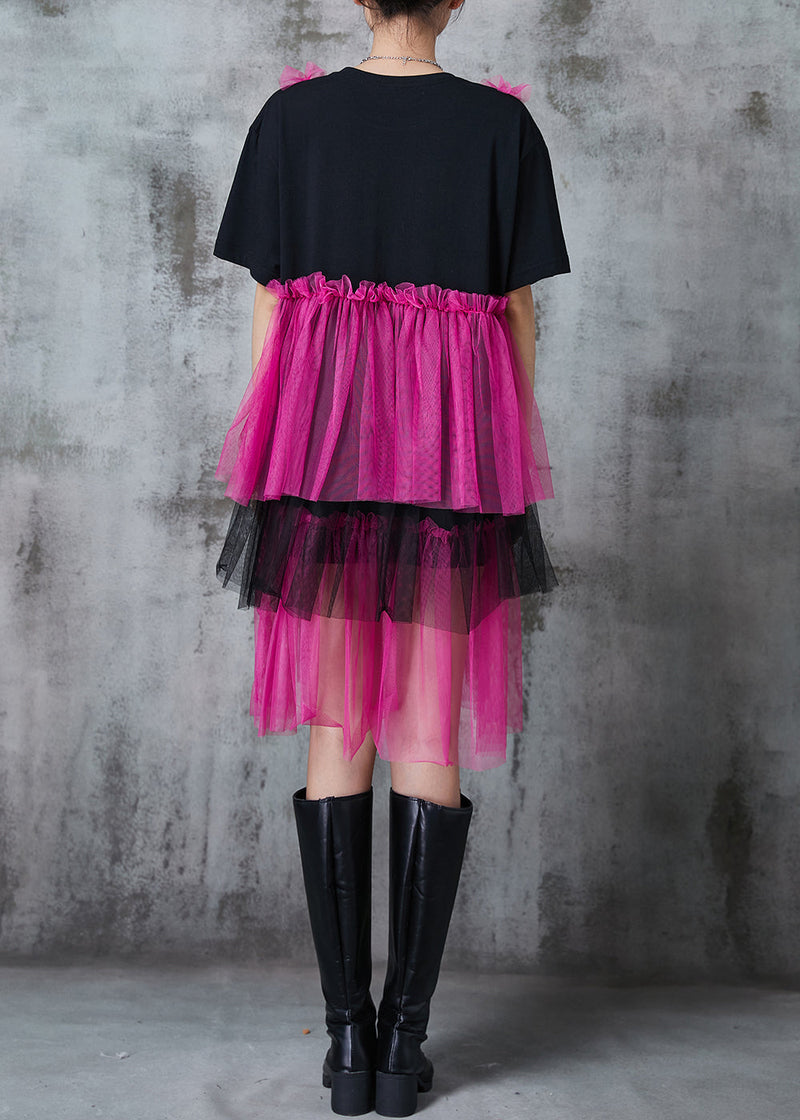 Black Oversized Patchwork Layered Tulle Vacation Dress Summer