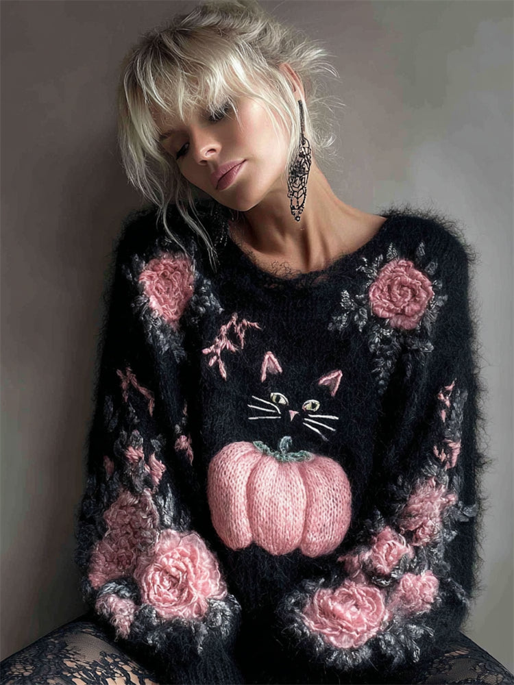 Black Cat & Pink Pumpkin Floral Embroidered Fuzzy Cozy Sweater elevenforest