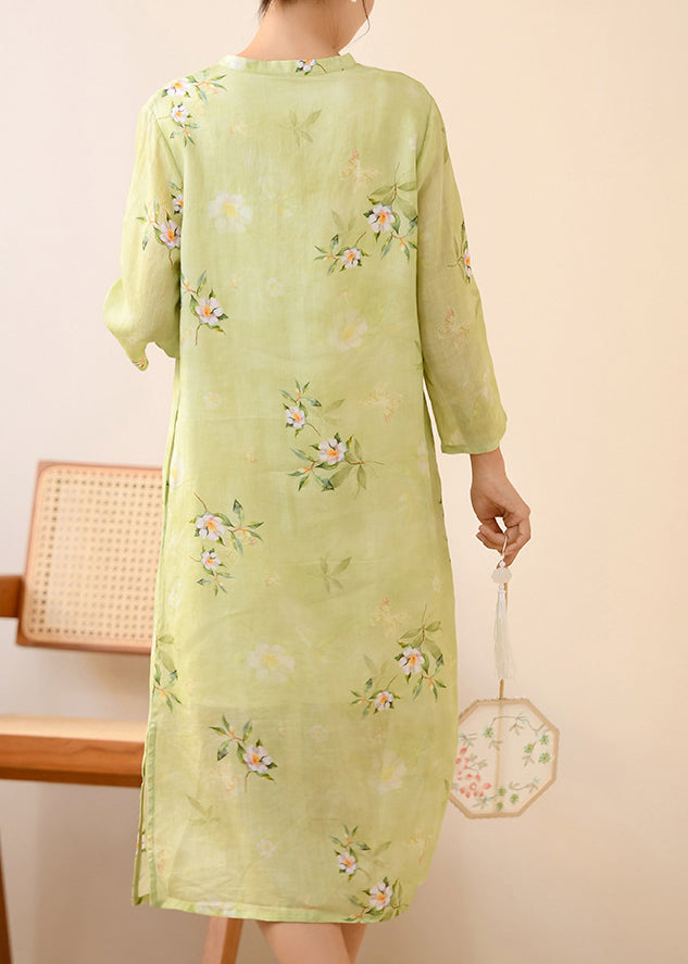 Green Stand Collar Print Linen Dresses Spring