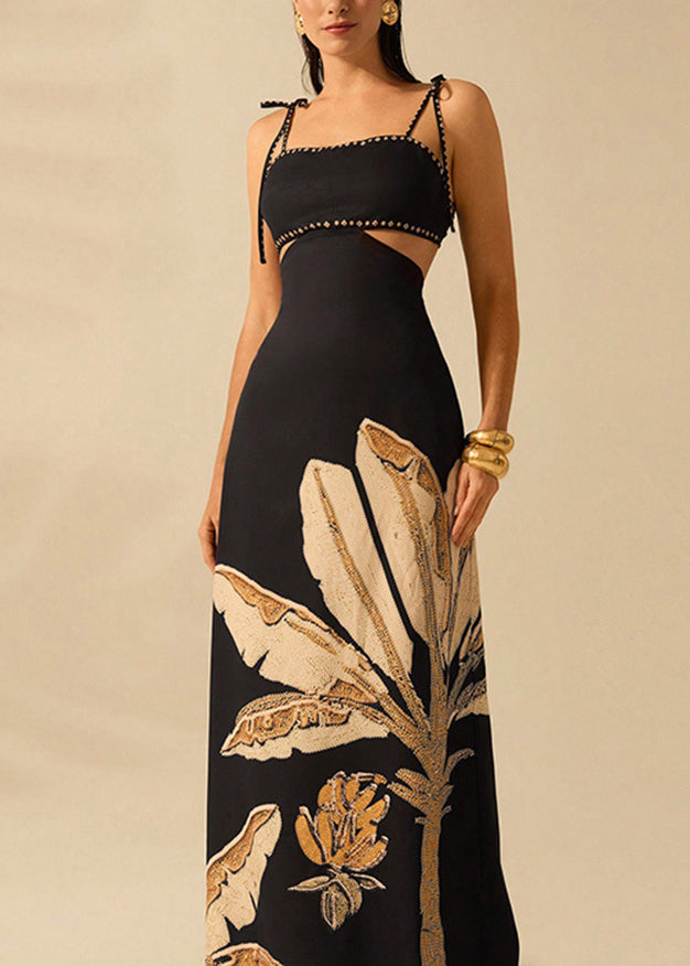 Black Backless Print Cotton Spaghetti Strap Dress Summer