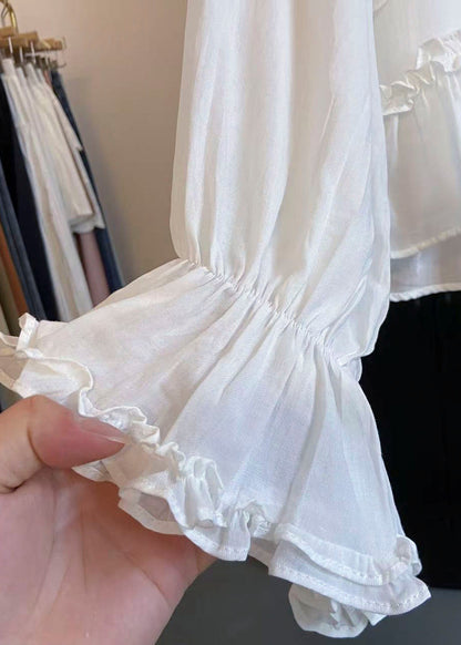White Ruffled Lace Up Cotton Shirts Fall