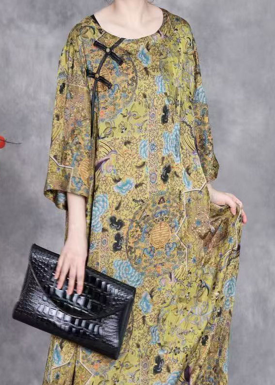 Yellow O Neck Button Print Silk Long Dresses Bracelet Sleeve