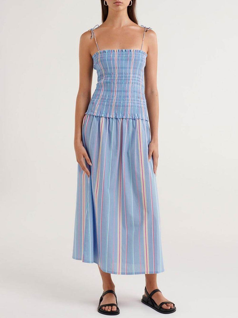 Pleated Striped Printed Stretch Panel Midi Dress